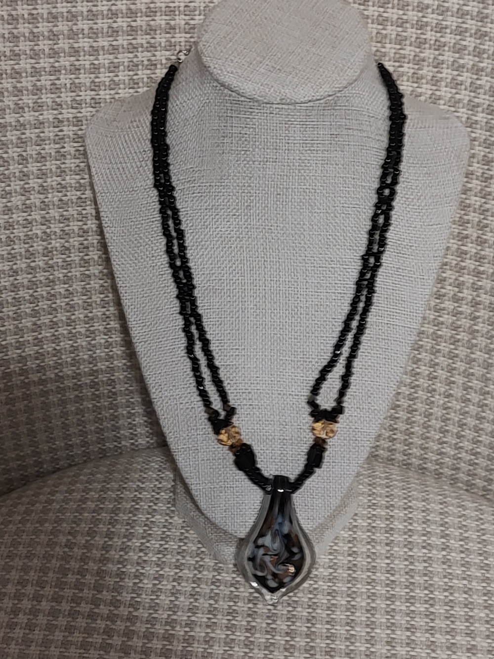 Handcrafted Black Bead Necklace with Glass Teardrop Pendant